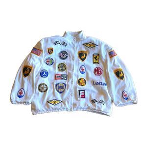 VTG Ferrari Jeanette St Martin Multi Racing Patch White Bomber Jacket Porche MG